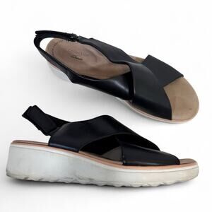 Clarks Black Leather Strappy Wedge Sandals Womens 10 Comfort Shoes Beachy Summer